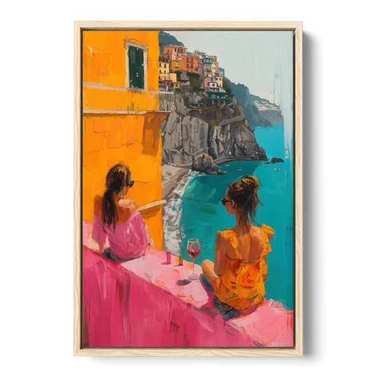Two Women Painting by the Sea - Oak Framed Canvas Wall Art - Front