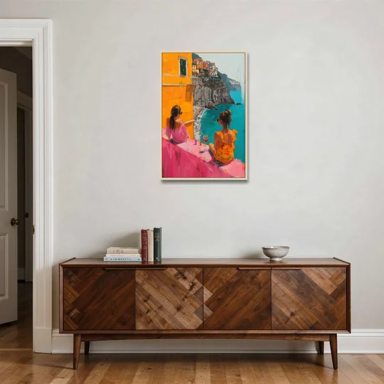 Two Women Painting by the Sea - Oak Framed Canvas Wall Art - Coffee Table - 24x36