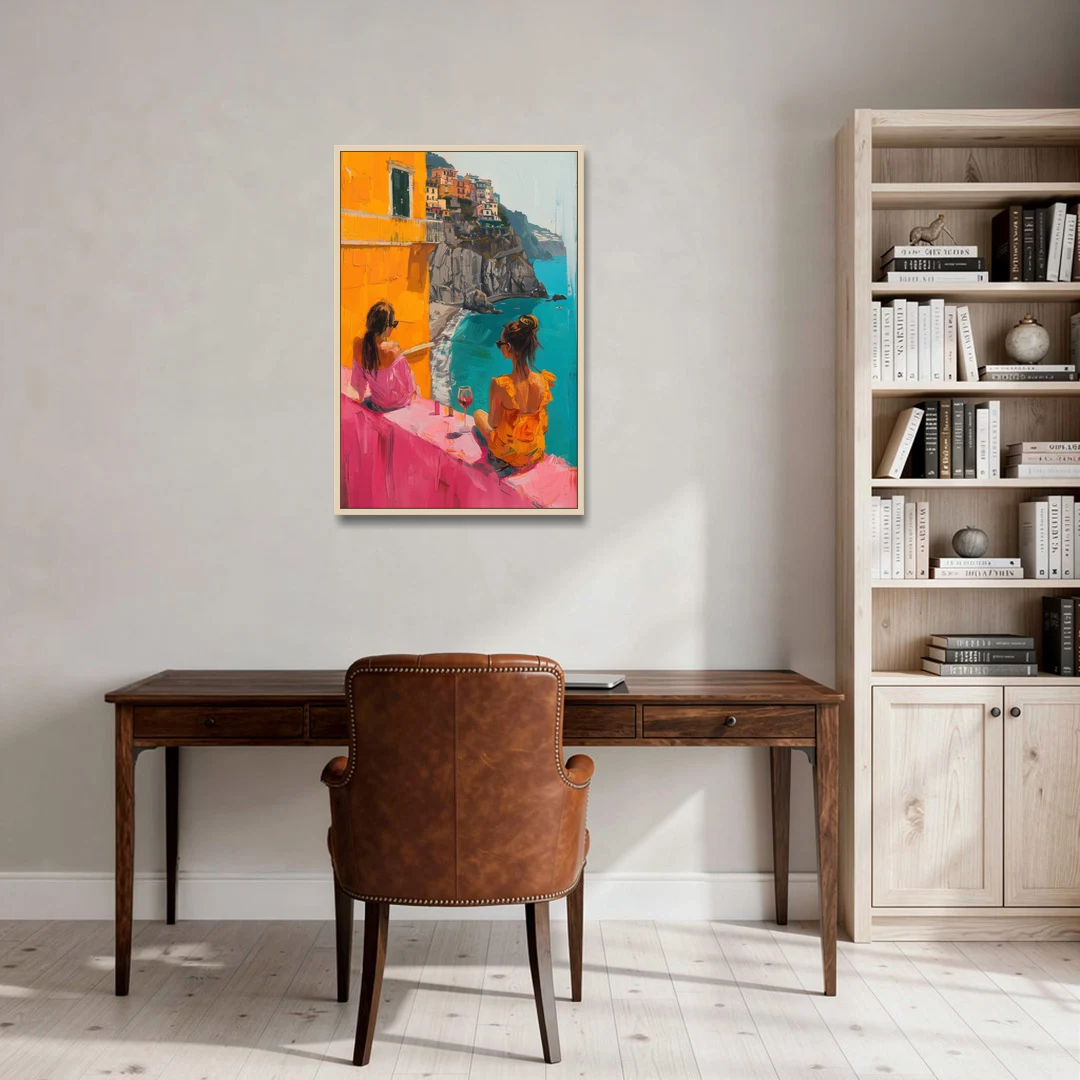 Two Women Painting by the Sea - Oak Framed Canvas Wall Art - Office - 24x36