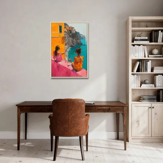 Two Women Painting by the Sea - Oak Framed Canvas Wall Art - Office - 24x36