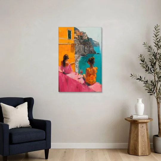 Two Women Painting by the Sea - Canvas Wall Art - Sofa - 24x36