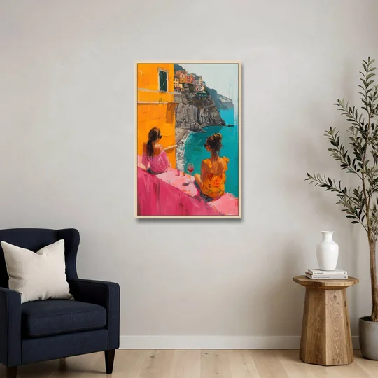 Two Women Painting by the Sea - Oak Framed Canvas Wall Art - Sofa - 24x36