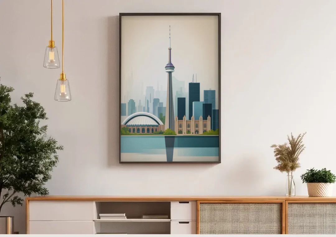 University of Toronto Campus canvas wall art above a wooden sideboard under pendant lights