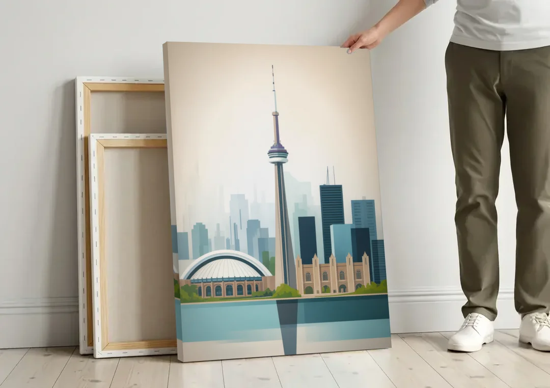 University of Toronto Campus canvas wall art leaning against a wall next to blank canvases