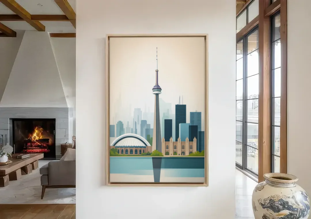 University of Toronto Campus canvas wall art in a living room with a fireplace