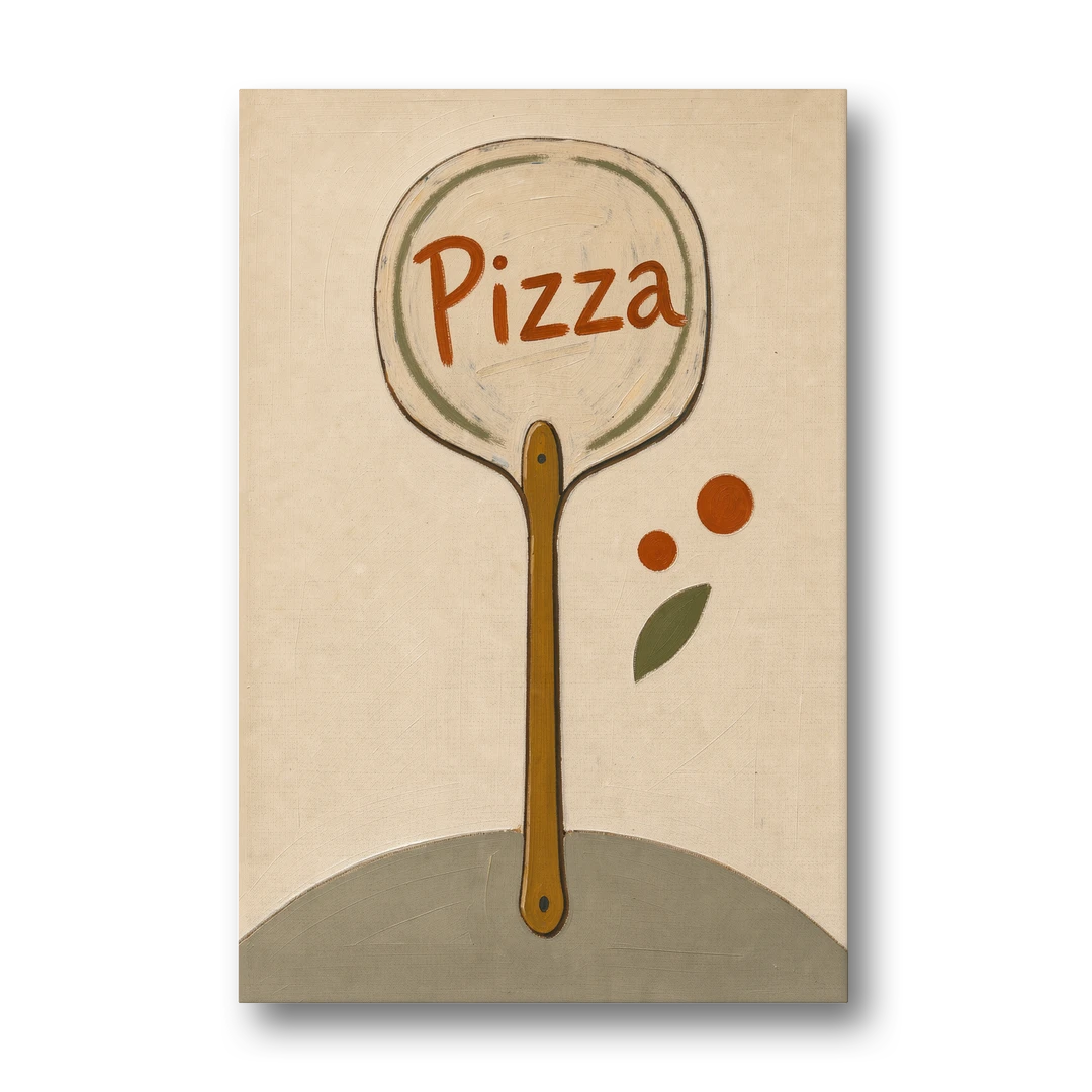 Upright Pizza Peel Sign with Basil Leaf - Canvas Wall Art - Front