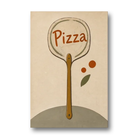 Upright Pizza Peel Sign with Basil Leaf - Canvas Wall Art - Front