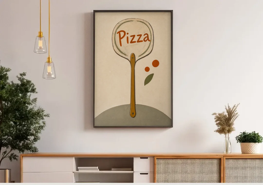 Upright Pizza Peel Sign with Basil Leaf canvas wall art above a wooden sideboard under pendant lights