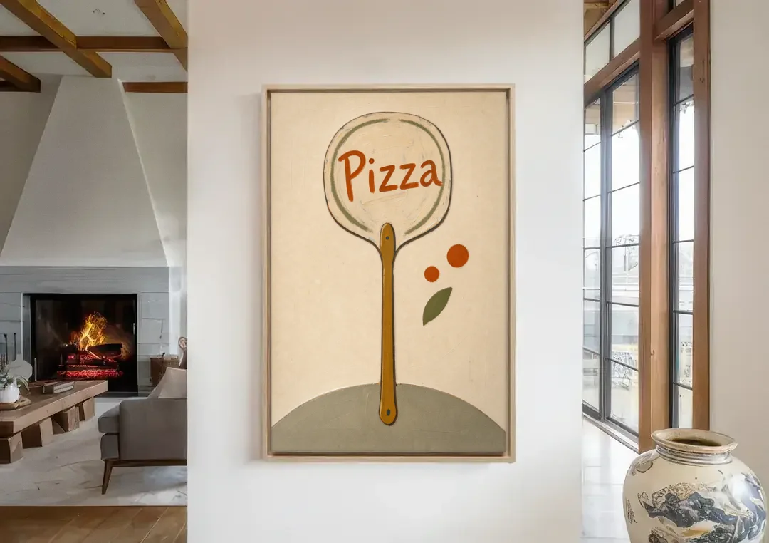Upright Pizza Peel Sign with Basil Leaf canvas wall art in a living room with a fireplace