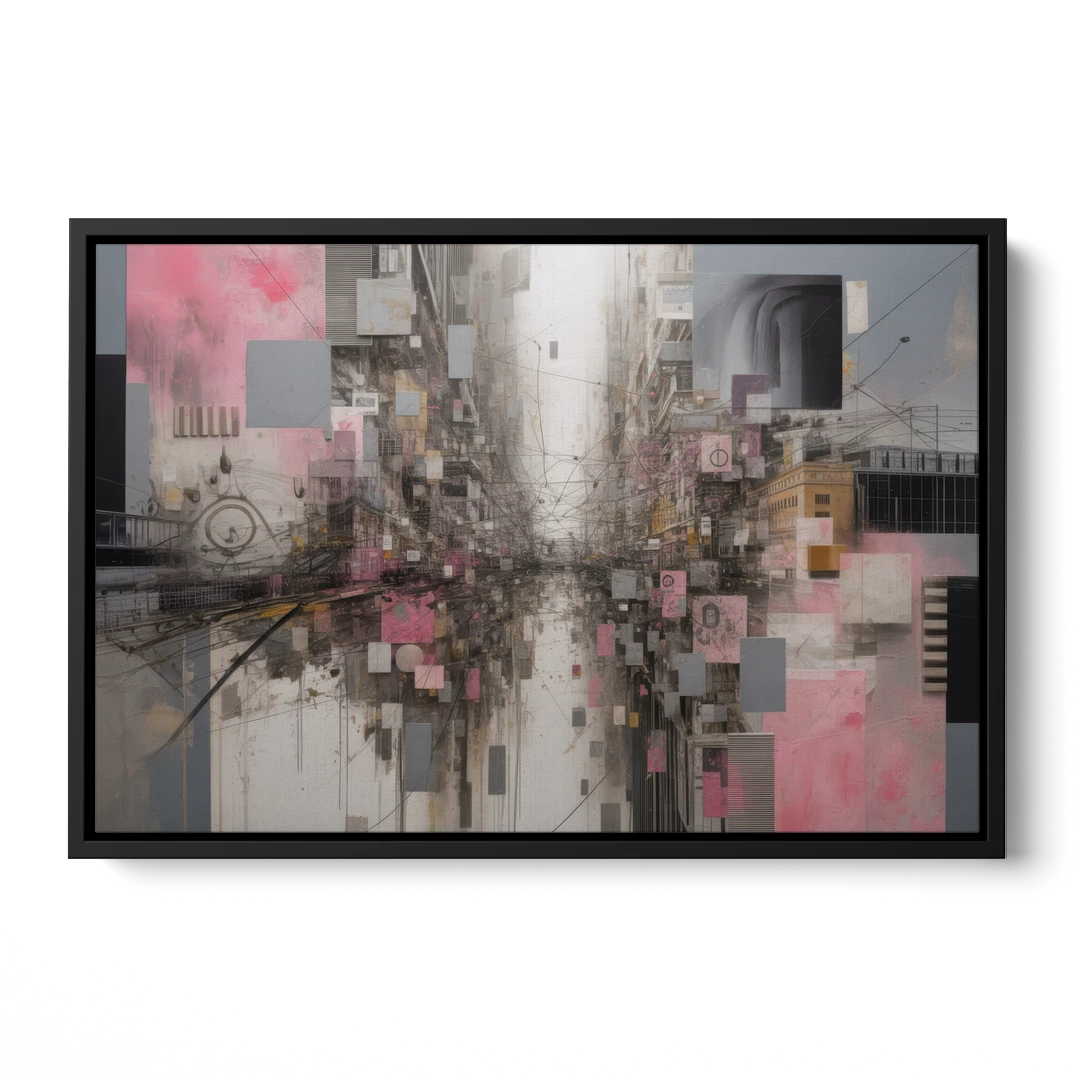 Urban Chaos Pink and Grey Abstract - Black Framed Canvas Wall Art - Front