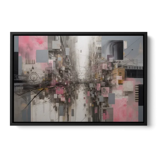 Urban Chaos Pink and Grey Abstract - Black Framed Canvas Wall Art - Front