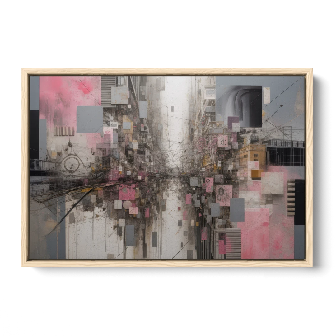 Urban Chaos Pink and Grey Abstract - Oak Framed Canvas Wall Art - Front