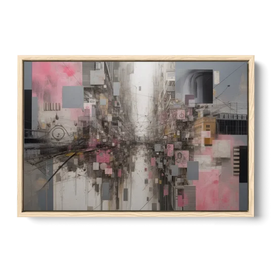 Urban Chaos Pink and Grey Abstract - Oak Framed Canvas Wall Art - Front