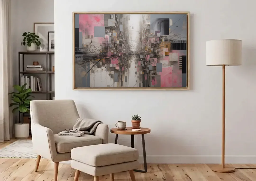 Urban Chaos Pink and Grey Abstract canvas wall art above an armchair in a bright living room