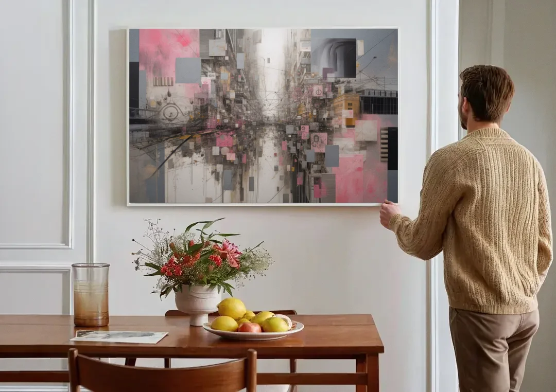 Urban Chaos Pink and Grey Abstract canvas wall art above a dining table