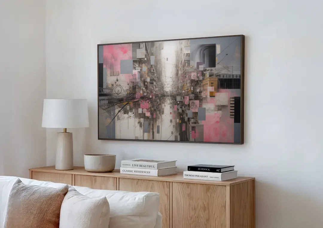 Urban Chaos Pink and Grey Abstract canvas wall art above a wooden sideboard next to a sofa