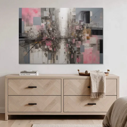 Urban Chaos Pink and Grey Abstract - Canvas Wall Art - Coffee Table - 60x40