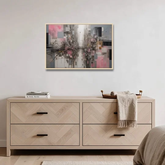 Urban Chaos Pink and Grey Abstract - Oak Framed Canvas Wall Art - Coffee Table - 36x24