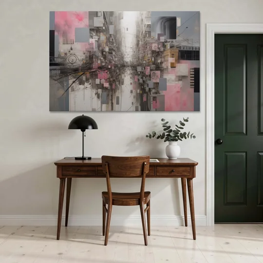 Urban Chaos Pink and Grey Abstract - Canvas Wall Art - Office - 60x40