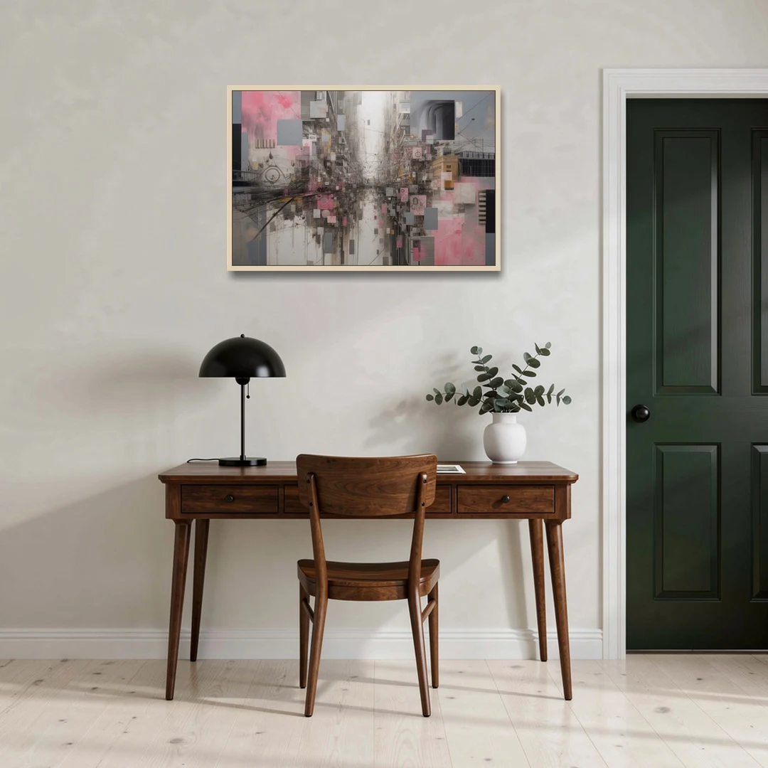 Urban Chaos Pink and Grey Abstract - Oak Framed Canvas Wall Art - Office - 36x24