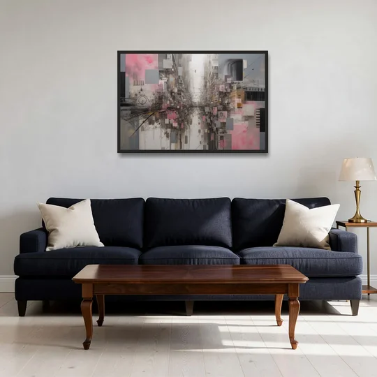 Urban Chaos Pink and Grey Abstract - Black Framed Canvas Wall Art - Sofa - 36x24