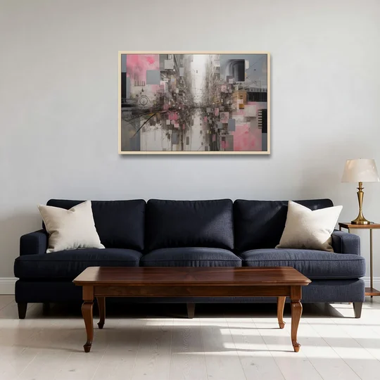 Urban Chaos Pink and Grey Abstract - Oak Framed Canvas Wall Art - Sofa - 36x24