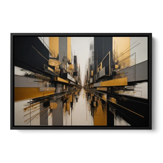 Urban Elegance in Black and Gold Abstract - Black Framed Canvas Wall Art - Front