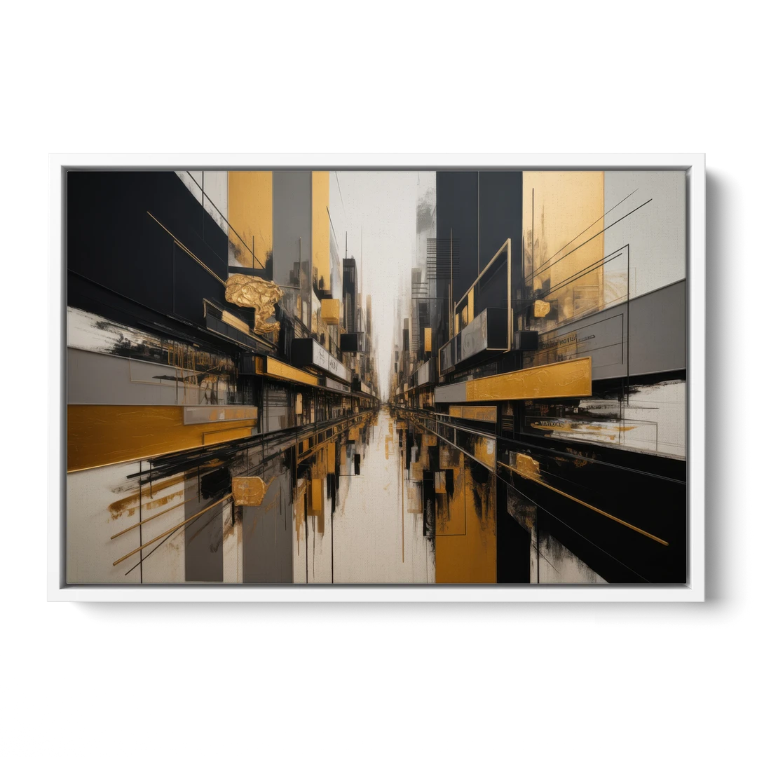 Urban Elegance in Black and Gold Abstract - White Framed Canvas Wall Art - Front