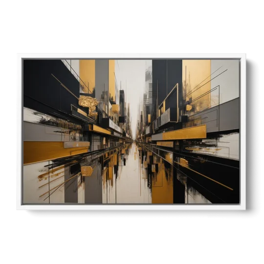 Urban Elegance in Black and Gold Abstract - White Framed Canvas Wall Art - Front