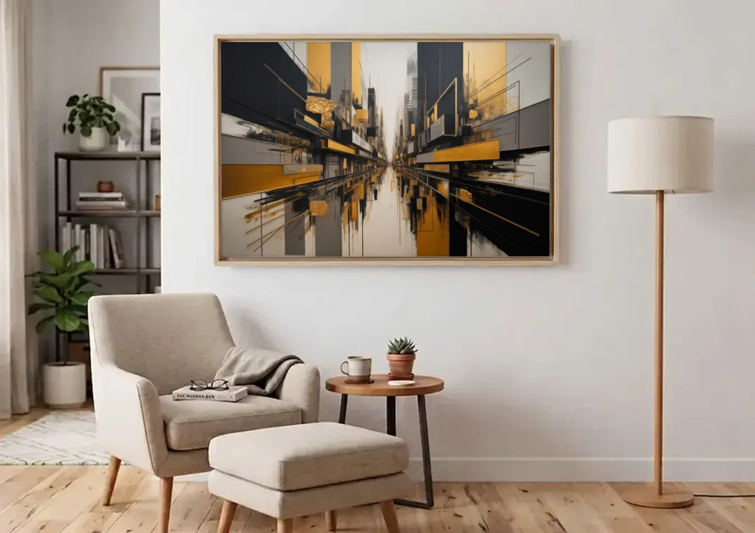 Urban Elegance in Black and Gold Abstract canvas wall art above an armchair in a bright living room