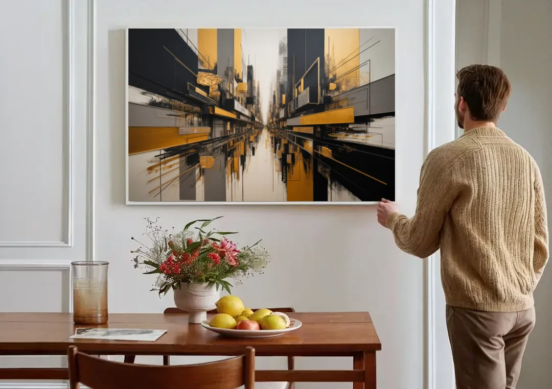 Urban Elegance in Black and Gold Abstract canvas wall art above a dining table
