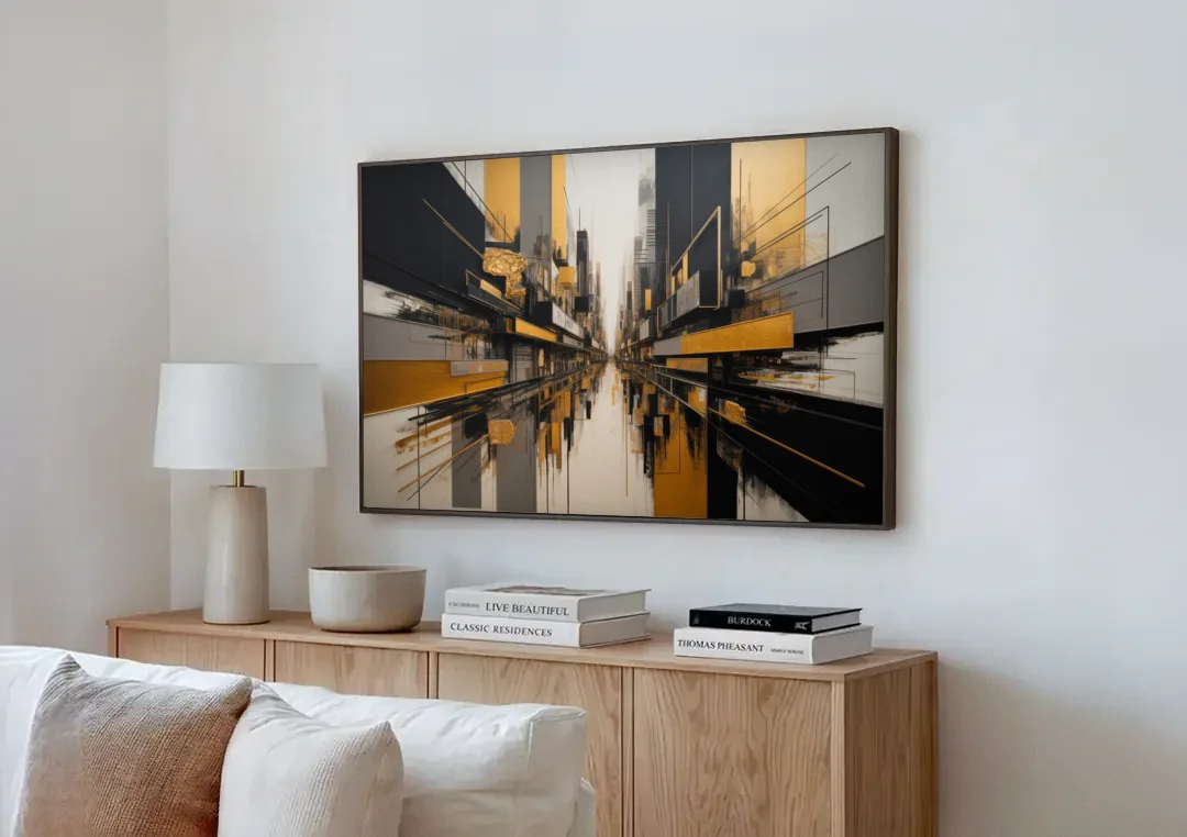 Urban Elegance in Black and Gold Abstract canvas wall art above a wooden sideboard next to a sofa