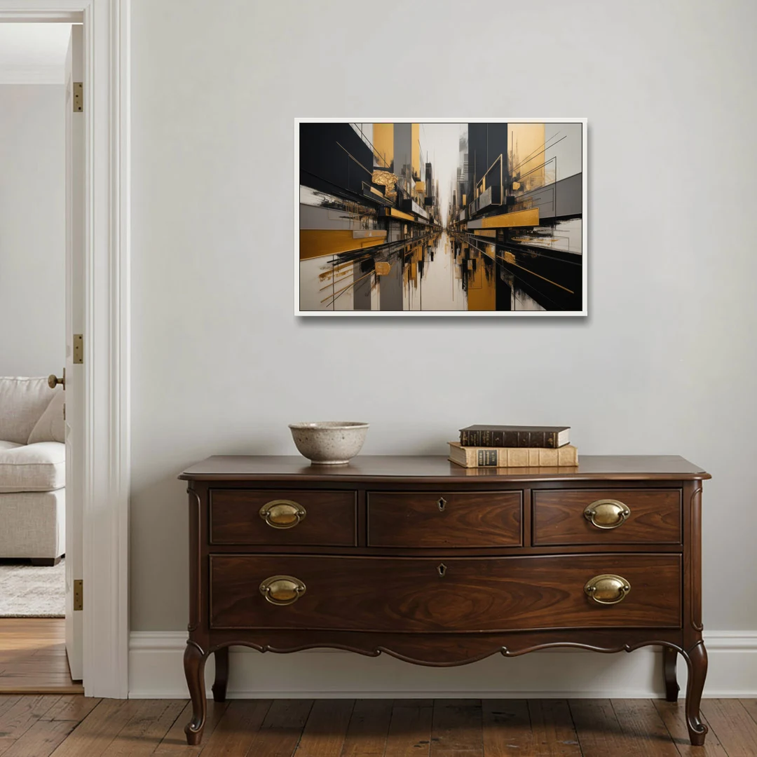 Urban Elegance in Black and Gold Abstract - White Framed Canvas Wall Art - Coffee Table - 36x24