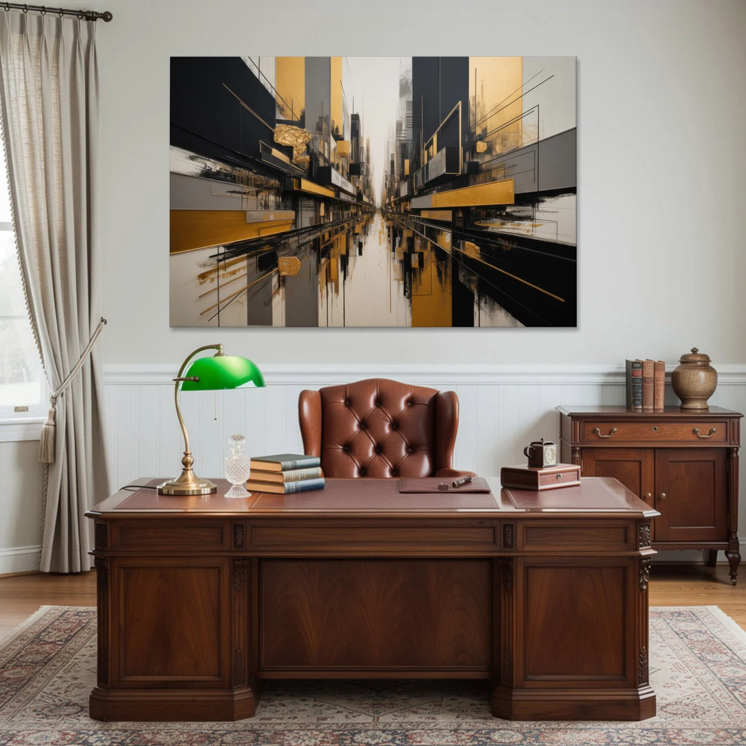 Urban Elegance in Black and Gold Abstract - Canvas Wall Art - Office - 60x40