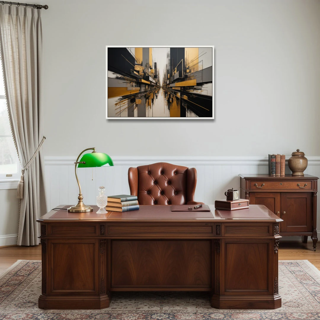Urban Elegance in Black and Gold Abstract - White Framed Canvas Wall Art - Office - 36x24