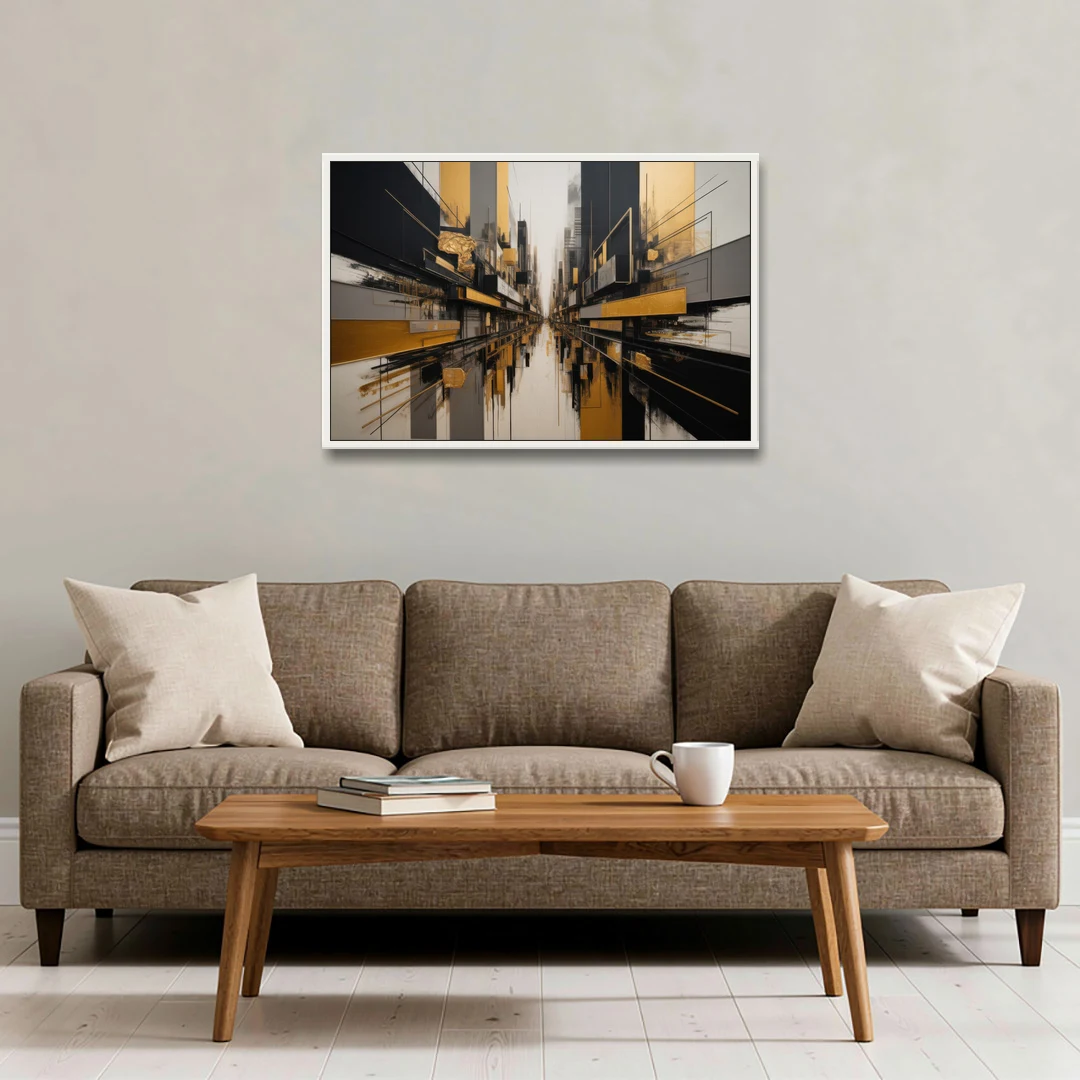 Urban Elegance in Black and Gold Abstract - White Framed Canvas Wall Art - Sofa - 36x24