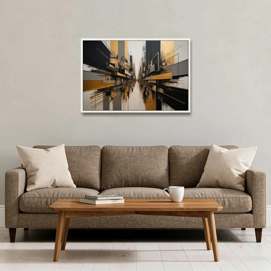 Urban Elegance in Black and Gold Abstract - White Framed Canvas Wall Art - Sofa - 36x24