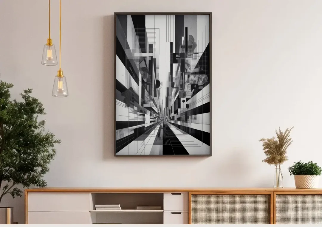 Urban Energy Black and White Abstract canvas wall art above a wooden sideboard under pendant lights