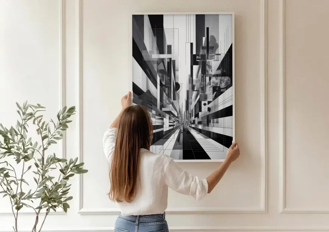 Urban Energy Black and White Abstract canvas wall art being hung on a paneled wall