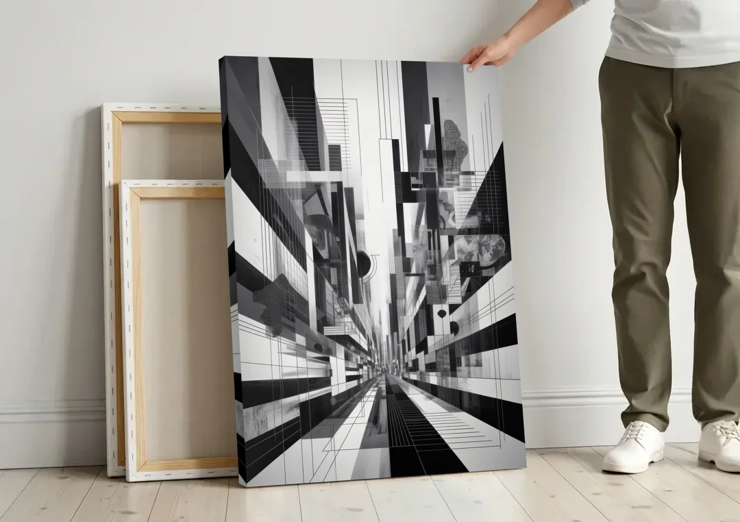 Urban Energy Black and White Abstract canvas wall art leaning against a wall next to blank canvases