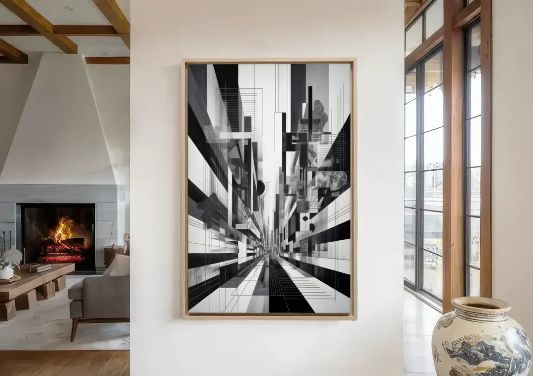 Urban Energy Black and White Abstract canvas wall art in a living room with a fireplace