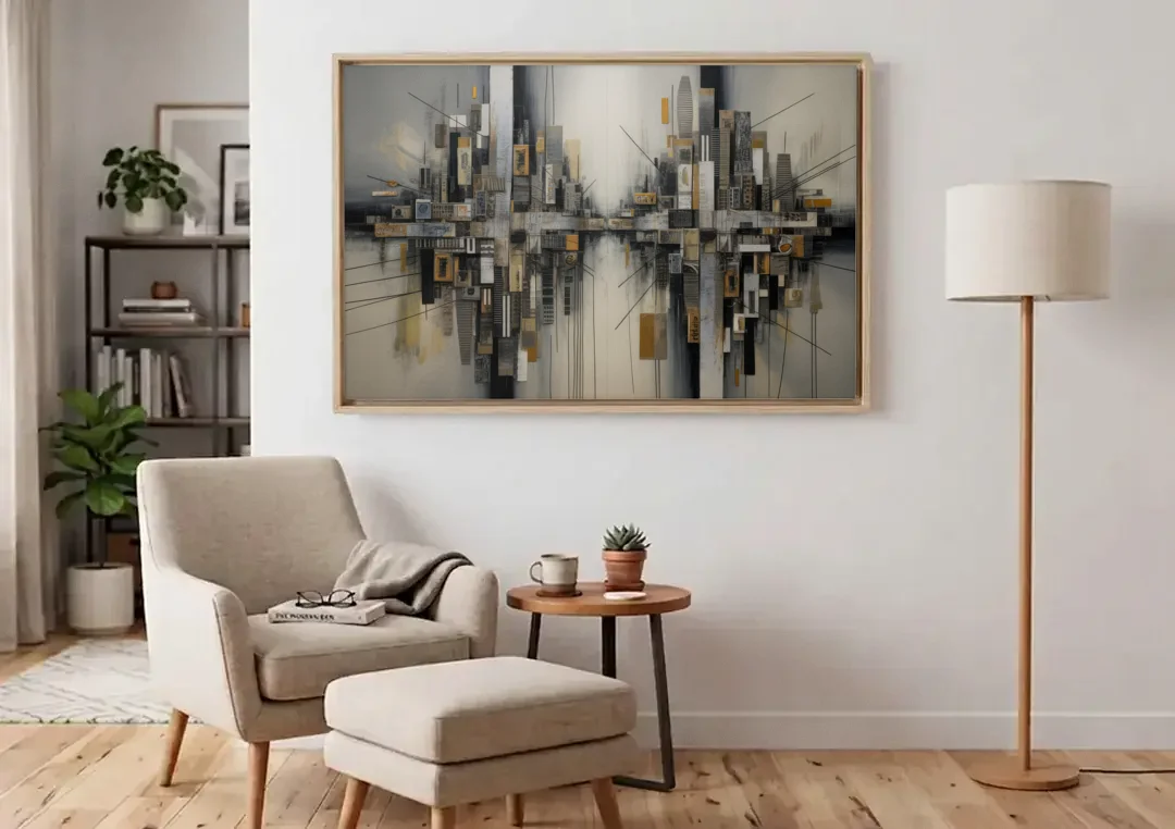 Urban Layers Grey Abstract canvas wall art above an armchair in a bright living room