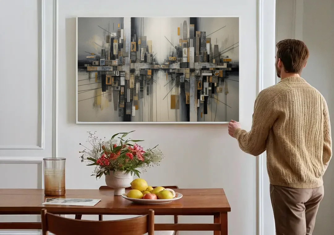 Urban Layers Grey Abstract canvas wall art above a dining table