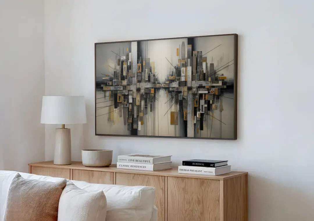 Urban Layers Grey Abstract canvas wall art above a wooden sideboard next to a sofa