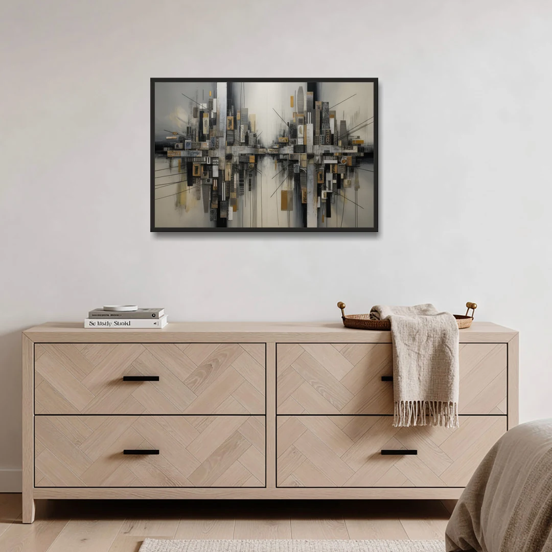 Urban Layers Grey Abstract - Black Framed Canvas Wall Art - Coffee Table - 36x24