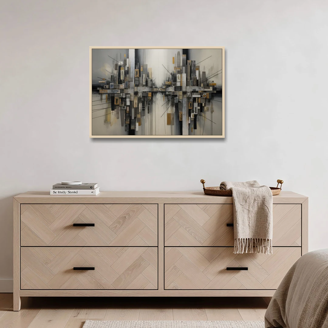 Urban Layers Grey Abstract - Oak Framed Canvas Wall Art - Coffee Table - 36x24