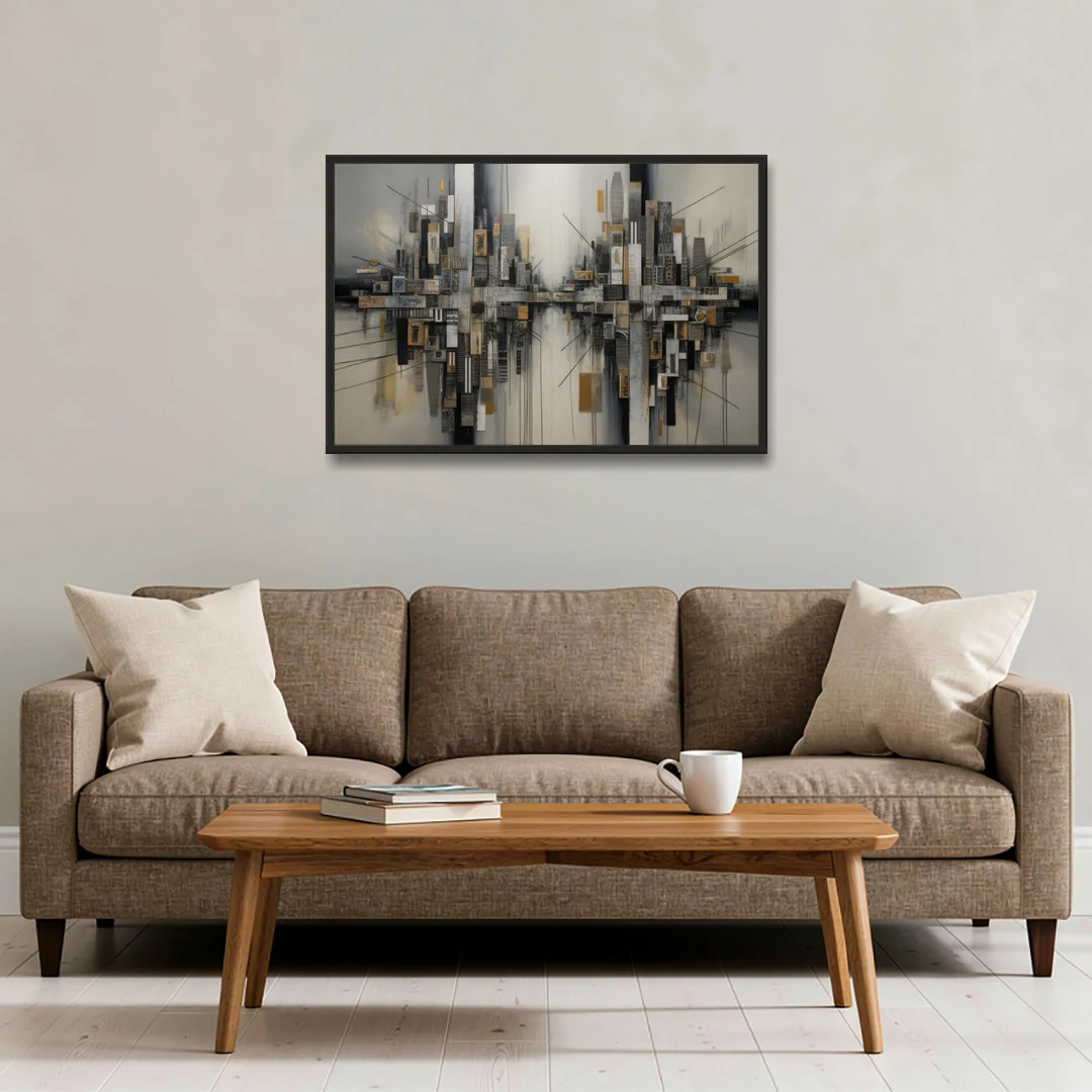 Urban Layers Grey Abstract - Black Framed Canvas Wall Art - Sofa - 36x24