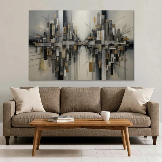 Urban Layers Grey Abstract - Canvas Wall Art - Sofa - 60x40