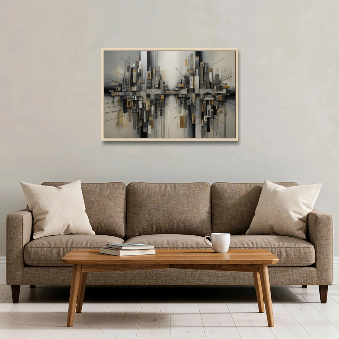Urban Layers Grey Abstract - Oak Framed Canvas Wall Art - Sofa - 36x24