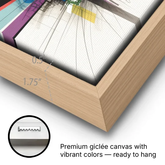 Urban Symphony Colorful Abstract - Oak Framed Canvas Wall Art - Gallery Wrap Corner